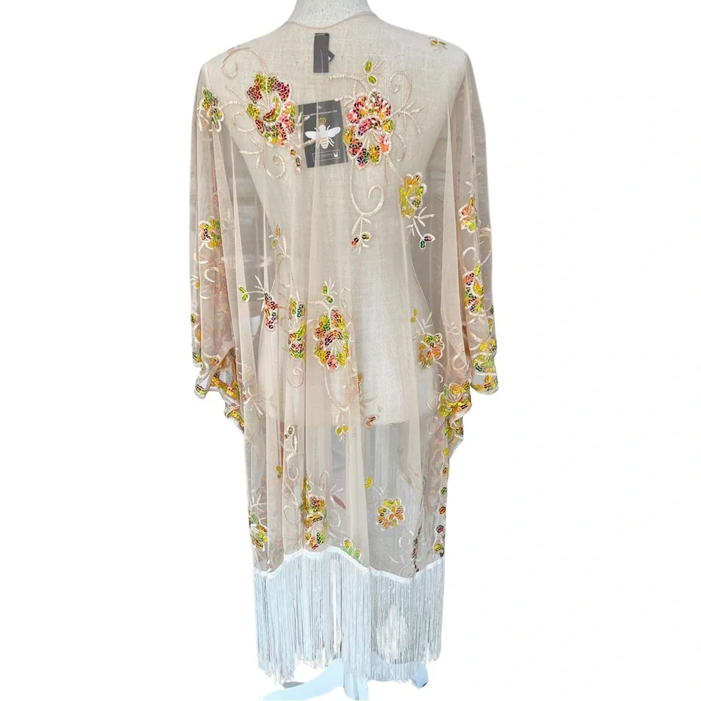 NWT Antthony Sheer Kimono with Multicolor Embroidery and Sequins - Picture 4 of 9